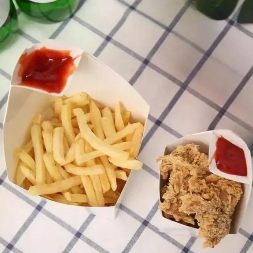 French fries containers, to go boxes with ketchup holder, disposable cardboard